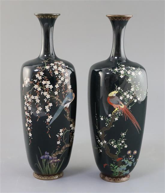 A pair of Japanese silver wire cloisonne enamel vases by Ota Kichisaburo, Meiji period, H. 24.8cm